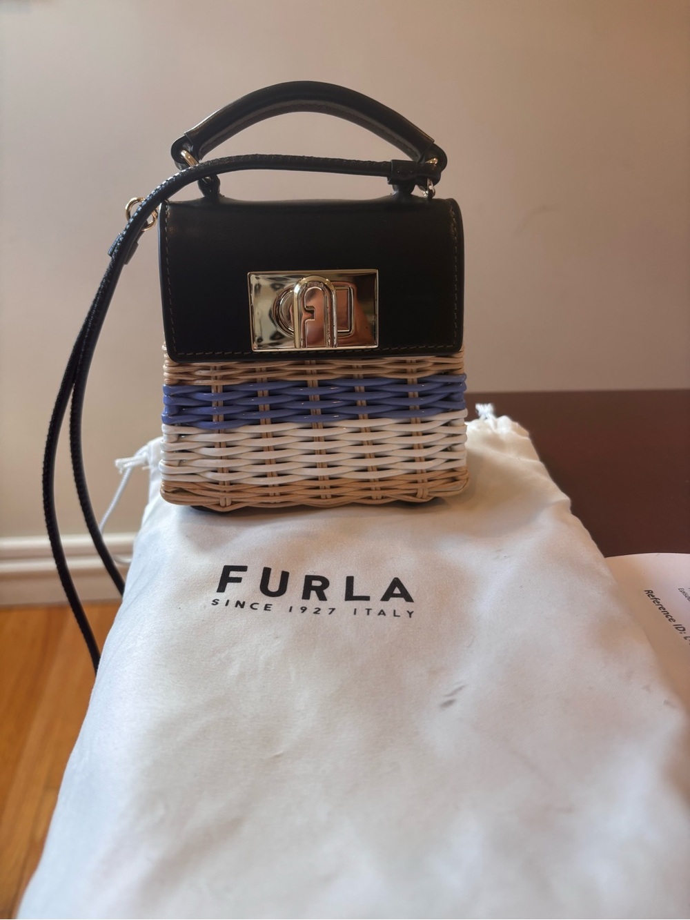 Furla Black, White & Blue Woven Mini Top-Handle Bag